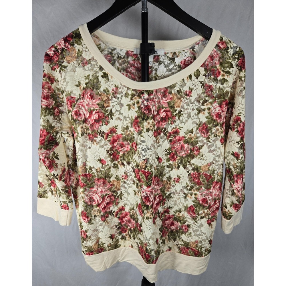 Floral Sheer Lace Mesh Top Sz M Rose Print Cottagecore Fairy Grunge Boho Prairie